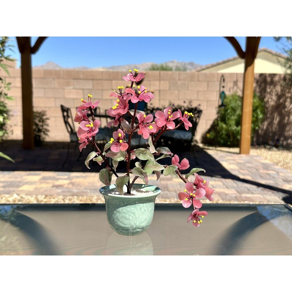VTG Chinese Carved Faux Gemstone Pink Quarts Flower Jade Leaves Bonsai Tree 10"